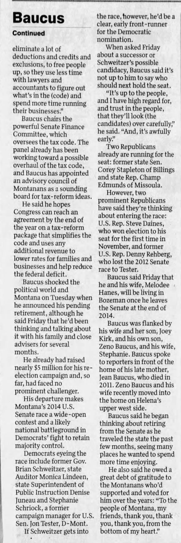 Page two: Max retires from Senate/